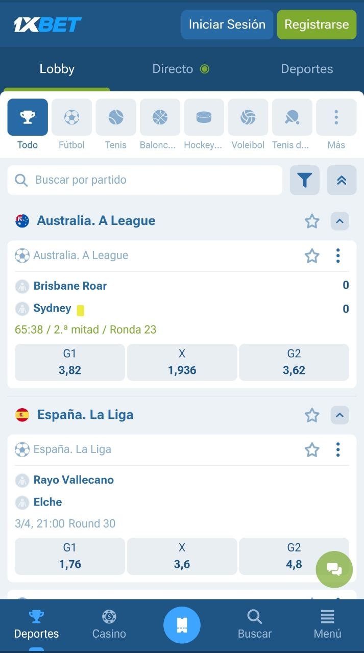 Sección de apuestas de 1xBet