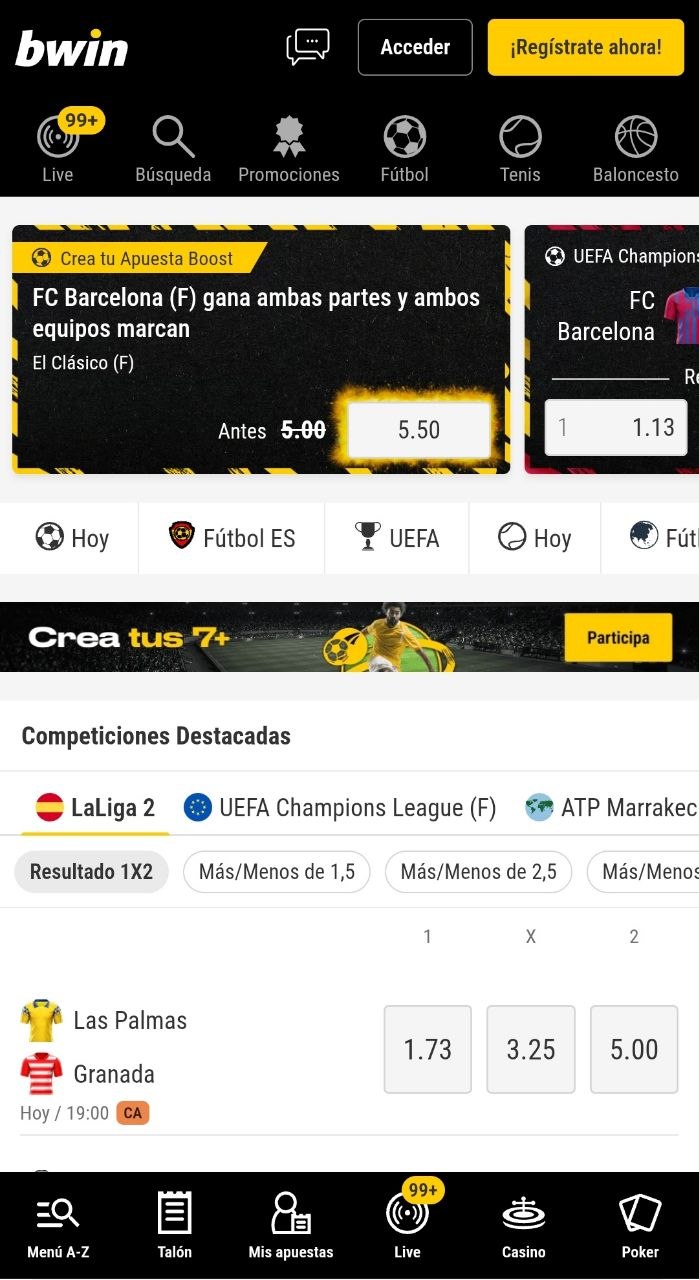Sección de apuestas de bwin